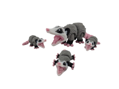 Opossum Family Set – 3D Printed Articulated Figurines | 1 Adult & 3 Babies | Flexible Collectible Desk Decor