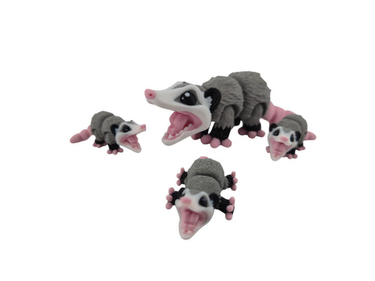 Opossum Family Set – 3D Printed Articulated Figurines | 1 Adult & 3 Babies | Flexible Collectible Desk Decor