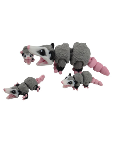 Opossum Family Set – 3D Printed Articulated Figurines | 1 Adult & 3 Babies | Flexible Collectible Desk Decor