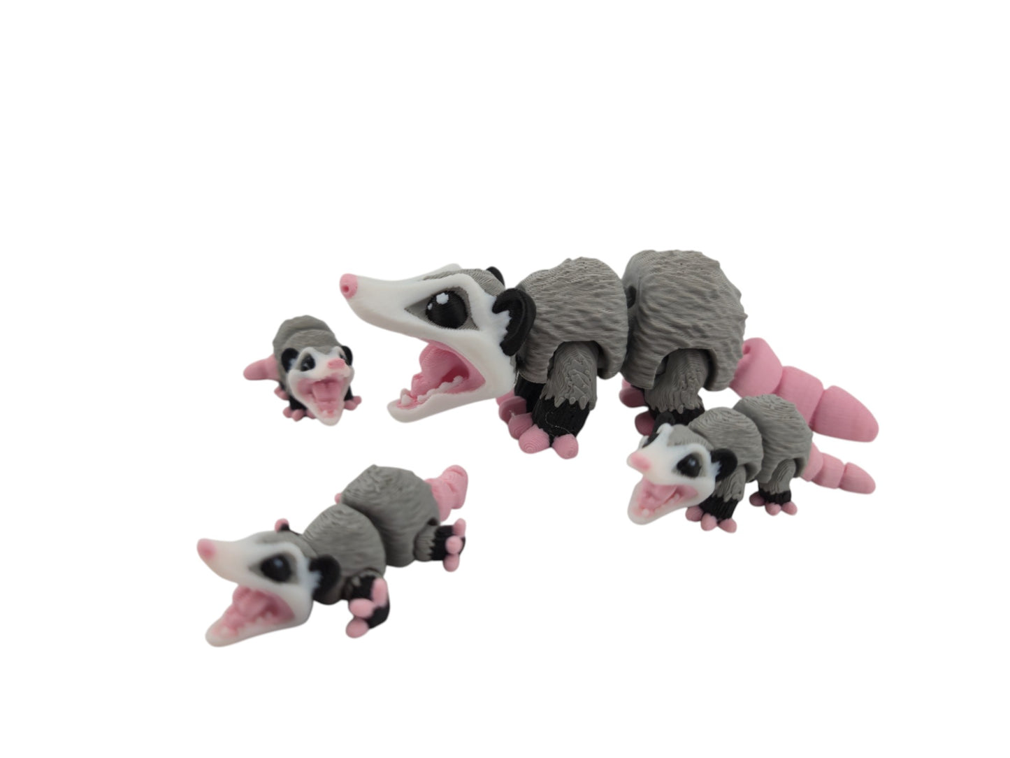 Opossum Family Set – 3D Printed Articulated Figurines | 1 Adult & 3 Babies | Flexible Collectible Desk Decor