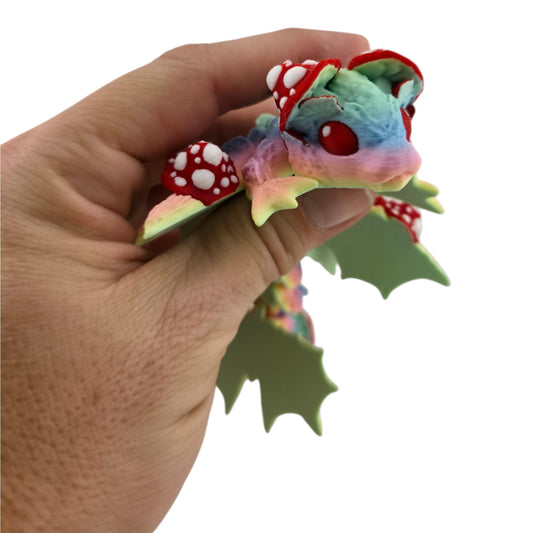 The Geek Galleria Tiny Mushroom Dragon – 6" Articulated 3D Printed Fantasy Figurine (White or Pastel Rainbow)