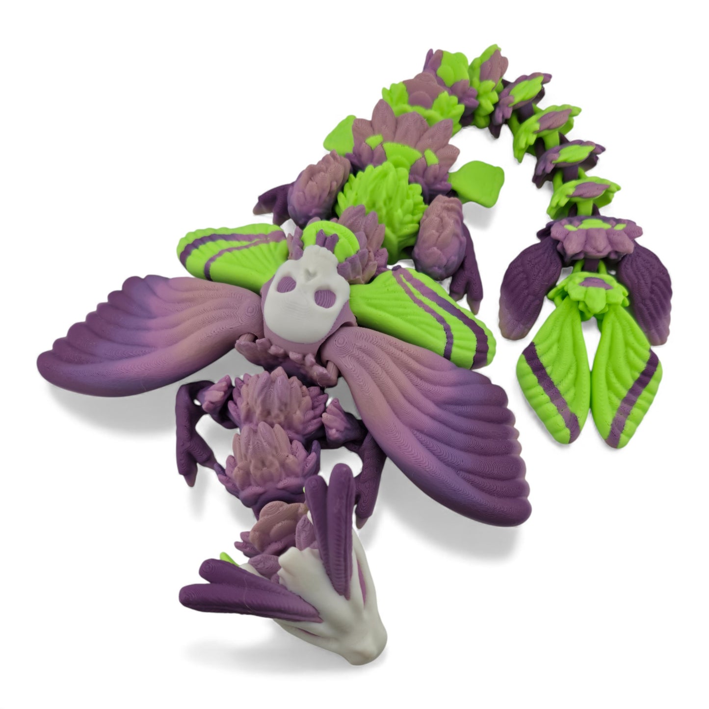 Moth Head Dragon Set – Adult & Baby Articulated 3D Printed Dragons | Purple Veil Gradient with Pastel Green Accents