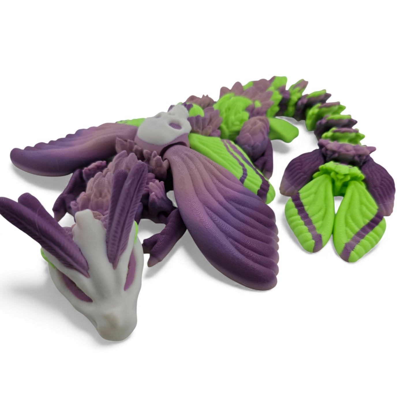 Moth Head Dragon Set – Adult & Baby Articulated 3D Printed Dragons | Purple Veil Gradient with Pastel Green Accents