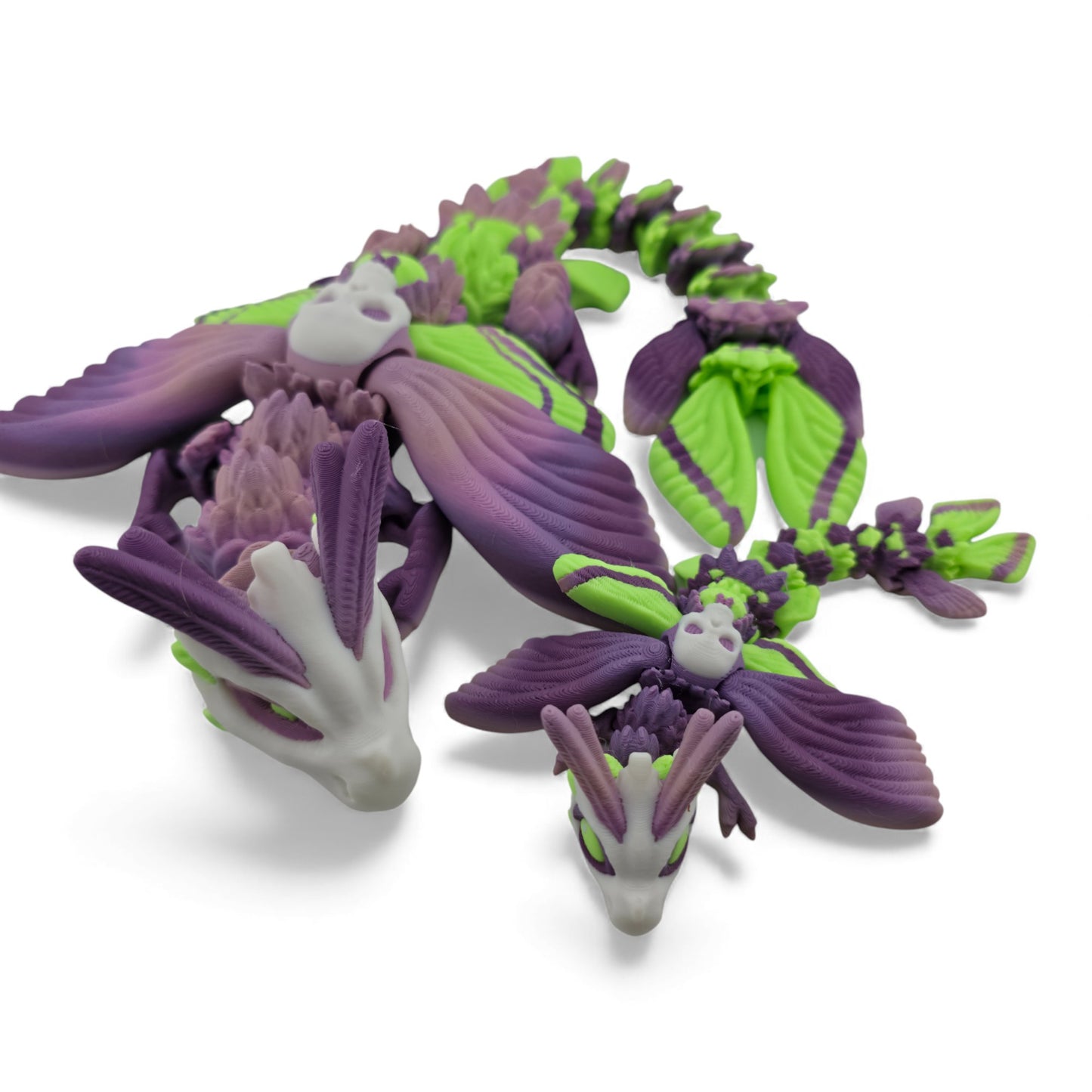 Moth Head Dragon Set – Adult & Baby Articulated 3D Printed Dragons | Purple Veil Gradient with Pastel Green Accents