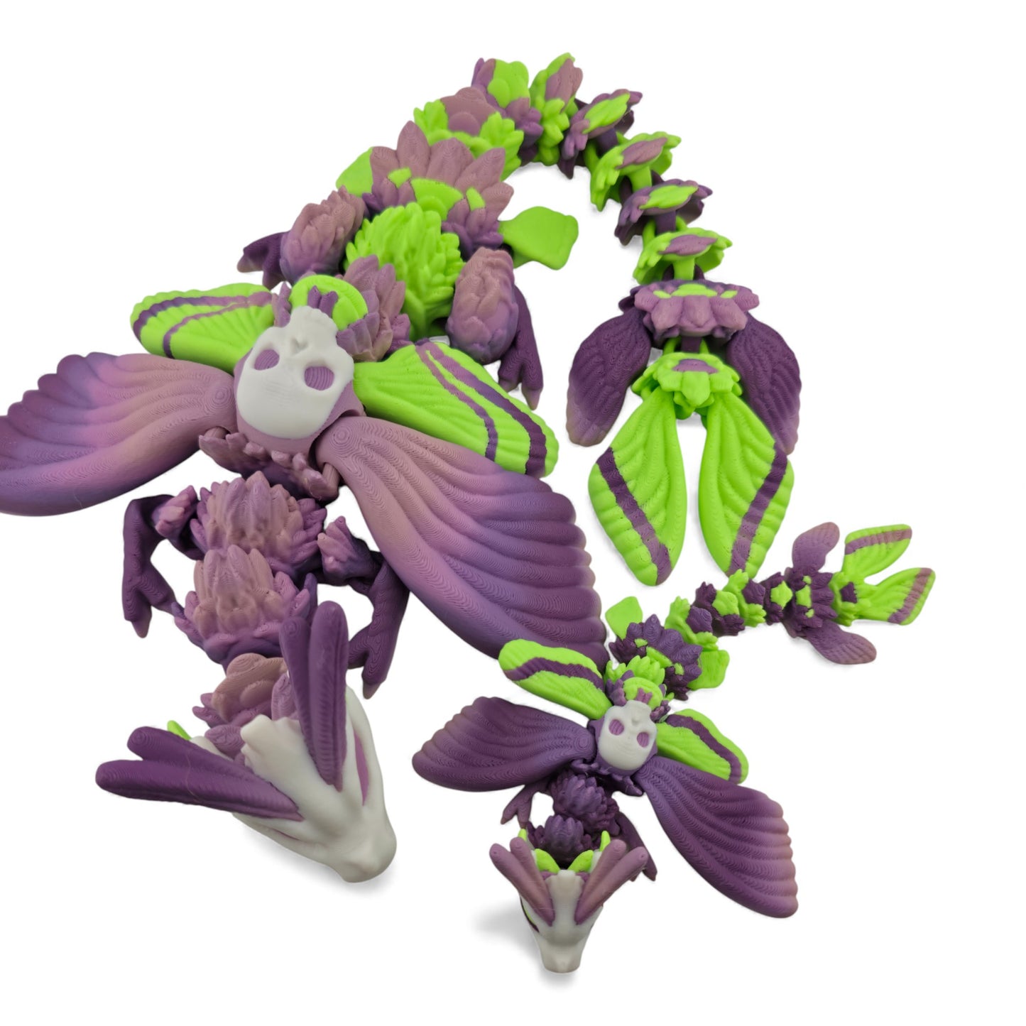 Moth Head Dragon Set – Adult & Baby Articulated 3D Printed Dragons | Purple Veil Gradient with Pastel Green Accents