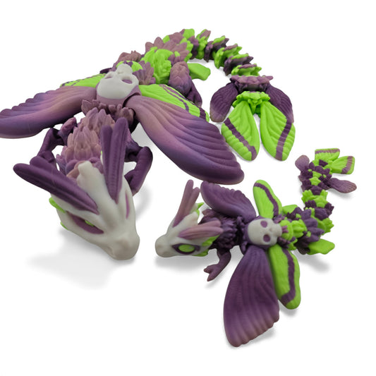 Moth Head Dragon Set – Adult & Baby Articulated 3D Printed Dragons | Purple Veil Gradient with Pastel Green Accents