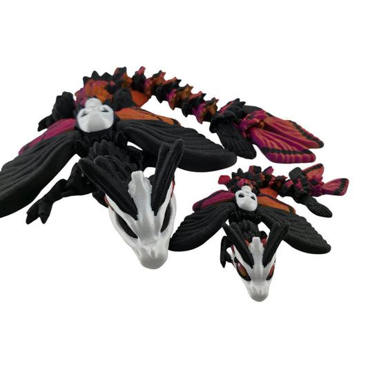 Moth Head Dragon Set – Adult & Baby Articulated 3D Printed Dragons | Afterglow  Red  & Black Fantasy Gradient