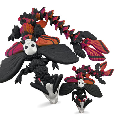 Moth Head Dragon Set – Adult & Baby Articulated 3D Printed Dragons | Afterglow  Red  & Black Fantasy Gradient