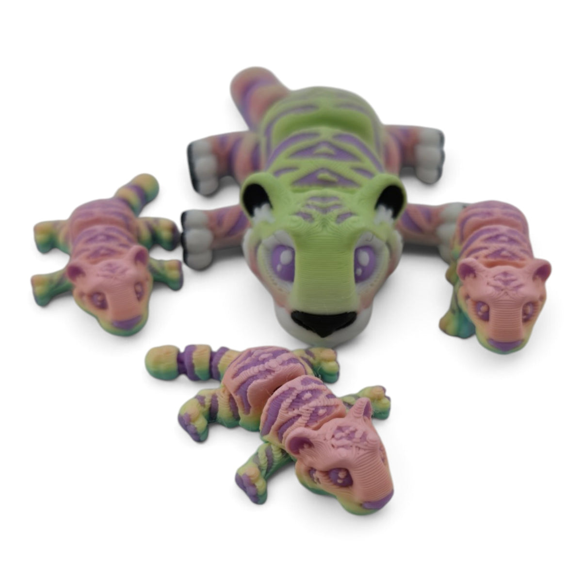 Rainbow Tiger Family Set – 3D Printed Articulated Figurines | 1 Adult & 3 Cubs | Flexible Collectible Desk Decor