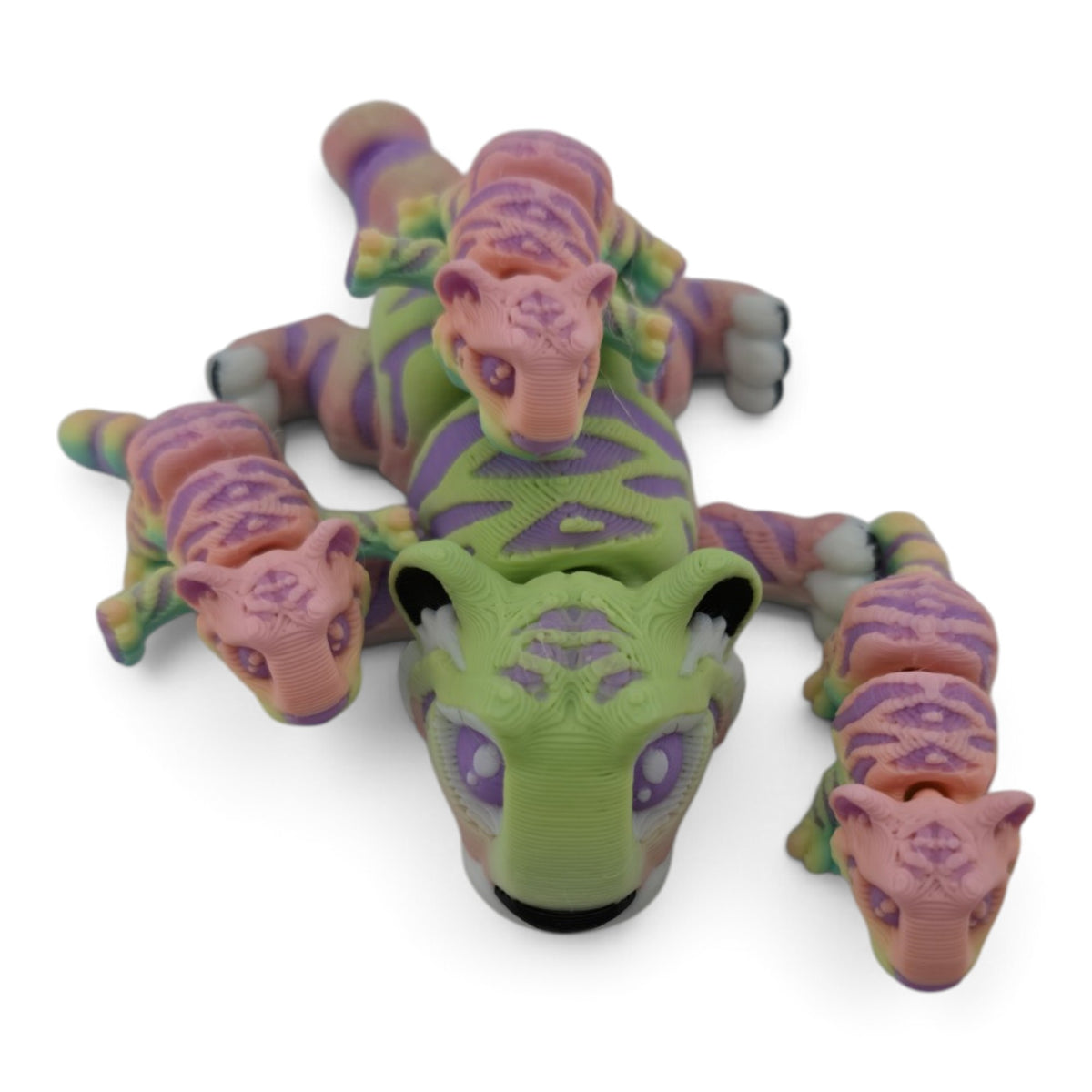 Rainbow Tiger Family Set – 3D Printed Articulated Figurines | 1 Adult & 3 Cubs | Flexible Collectible Desk Decor