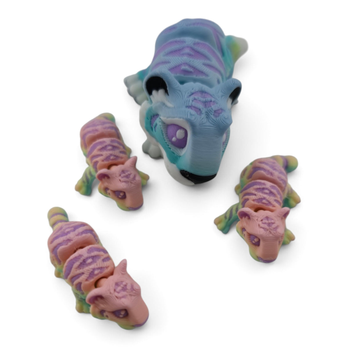 Rainbow Tiger Family Set – 3D Printed Articulated Figurines | 1 Adult & 3 Cubs | Flexible Collectible Desk Decor