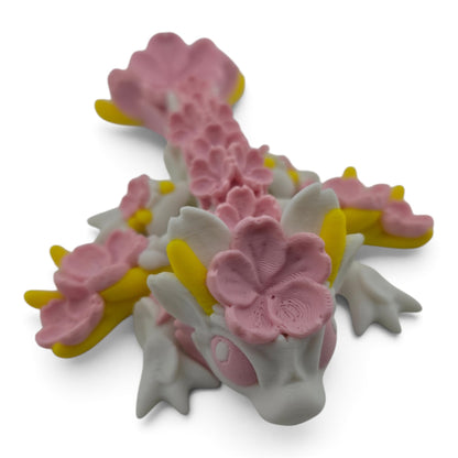 Sakura Baby Dragon – 6" White & Pink Articulated Fantasy Collectible | 3D Printed Cherry Blossom-Inspired Desk & Shelf Decor