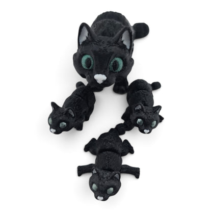 Black Cat Family Set – 3D Printed Articulated Figurines | 1 Adult & 3 Babies | Flexible Collectible Desk Decor