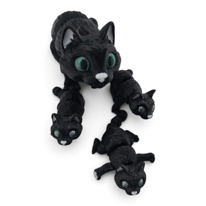 Black Cat Family Set – 3D Printed Articulated Figurines | 1 Adult & 3 Babies | Flexible Collectible Desk Decor