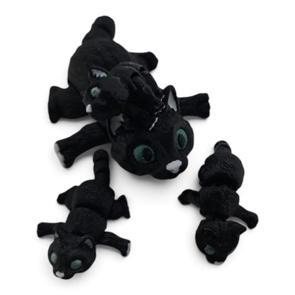 Black Cat Family Set – 3D Printed Articulated Figurines | 1 Adult & 3 Babies | Flexible Collectible Desk Decor