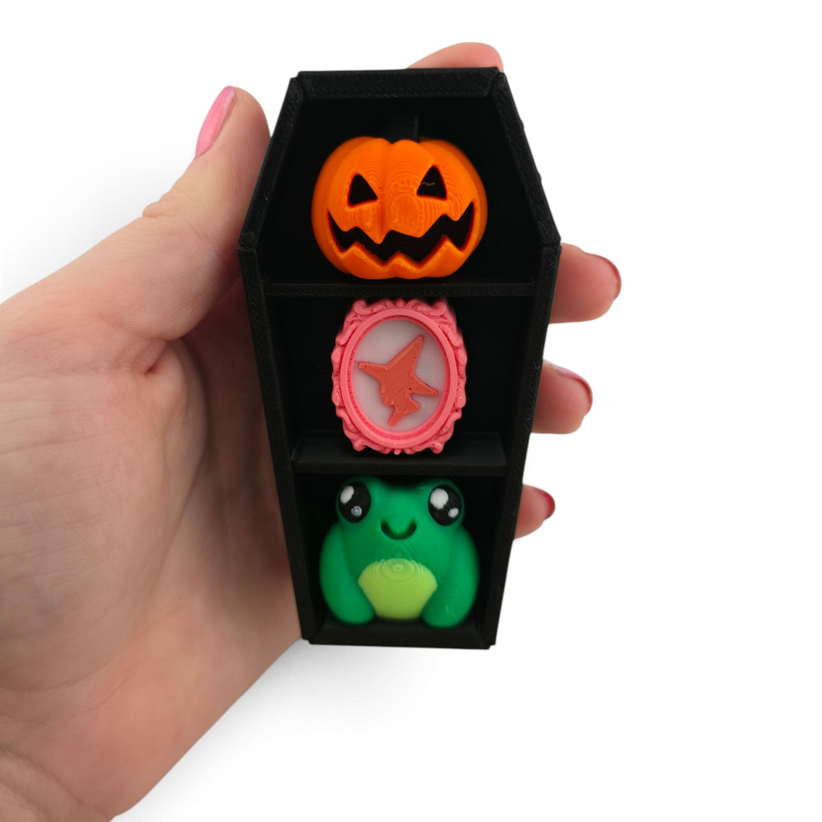 Coffin Shelf Clicker – 3D Printed Fidget | Random Shelf Items | Choose Brown or Black | Gothic Desk Decor