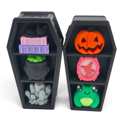 Coffin Shelf Clicker – 3D Printed Fidget | Random Shelf Items | Choose Brown or Black | Gothic Desk Decor