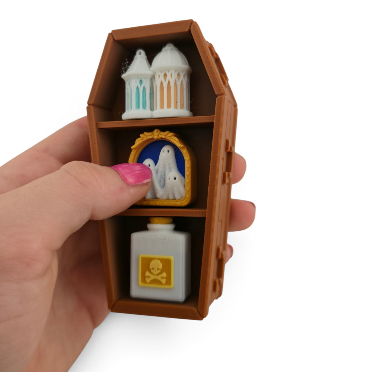 Coffin Shelf Clicker – 3D Printed Fidget | Random Shelf Items | Choose Brown or Black | Gothic Desk Decor