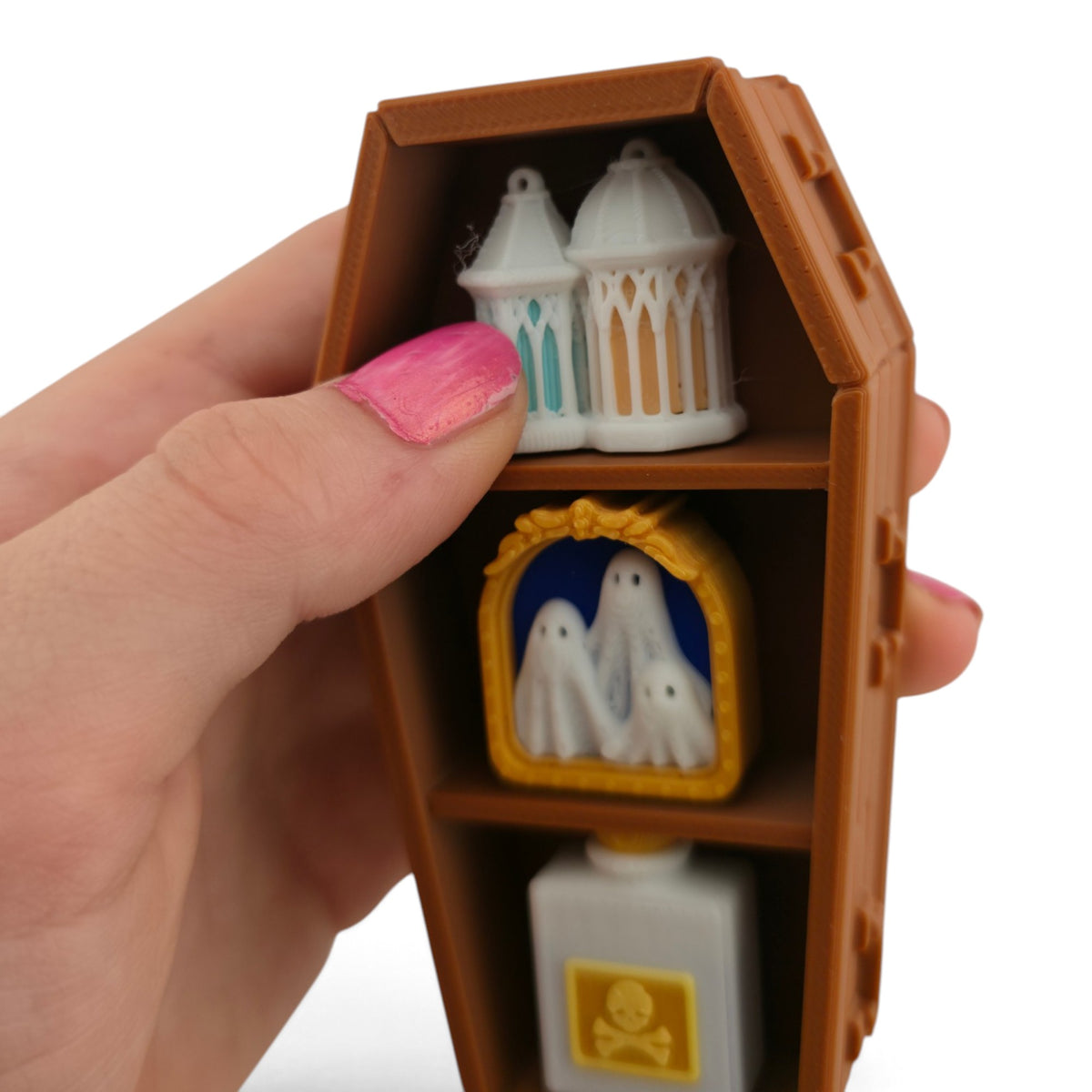 Coffin Shelf Clicker – 3D Printed Fidget | Random Shelf Items | Choose Brown or Black | Gothic Desk Decor