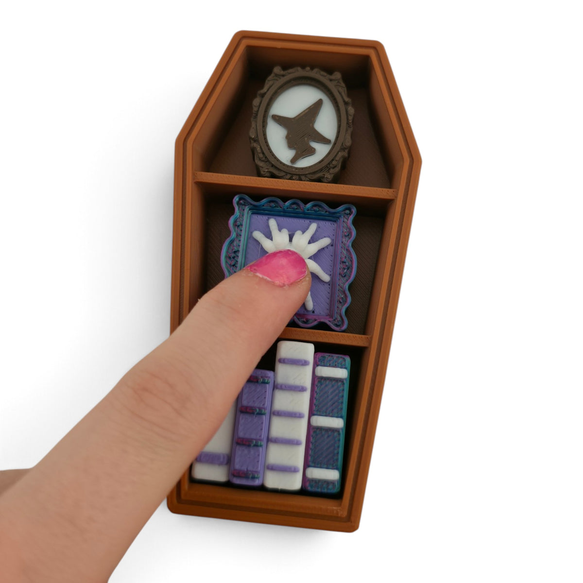 Coffin Shelf Clicker – 3D Printed Fidget | Random Shelf Items | Choose Brown or Black | Gothic Desk Decor