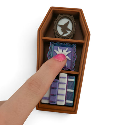 Coffin Shelf Clicker – 3D Printed Fidget | Random Shelf Items | Choose Brown or Black | Gothic Desk Decor
