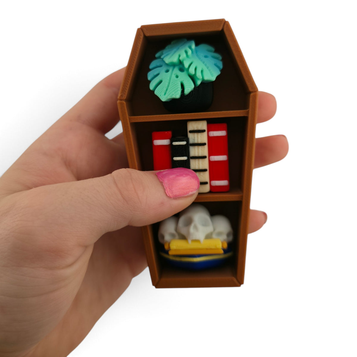Coffin Shelf Clicker – 3D Printed Fidget | Random Shelf Items | Choose Brown or Black | Gothic Desk Decor