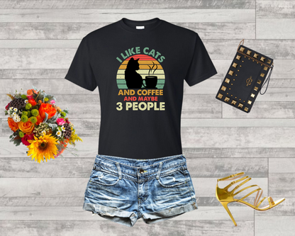 I Like Cats And Coffee And Maybe 3 People Shirt, Retro Vintage Cat Lover T-Shirt Womens, Cat Owner Shirt, Gift For Cat Lovers, Cat Mom Tee