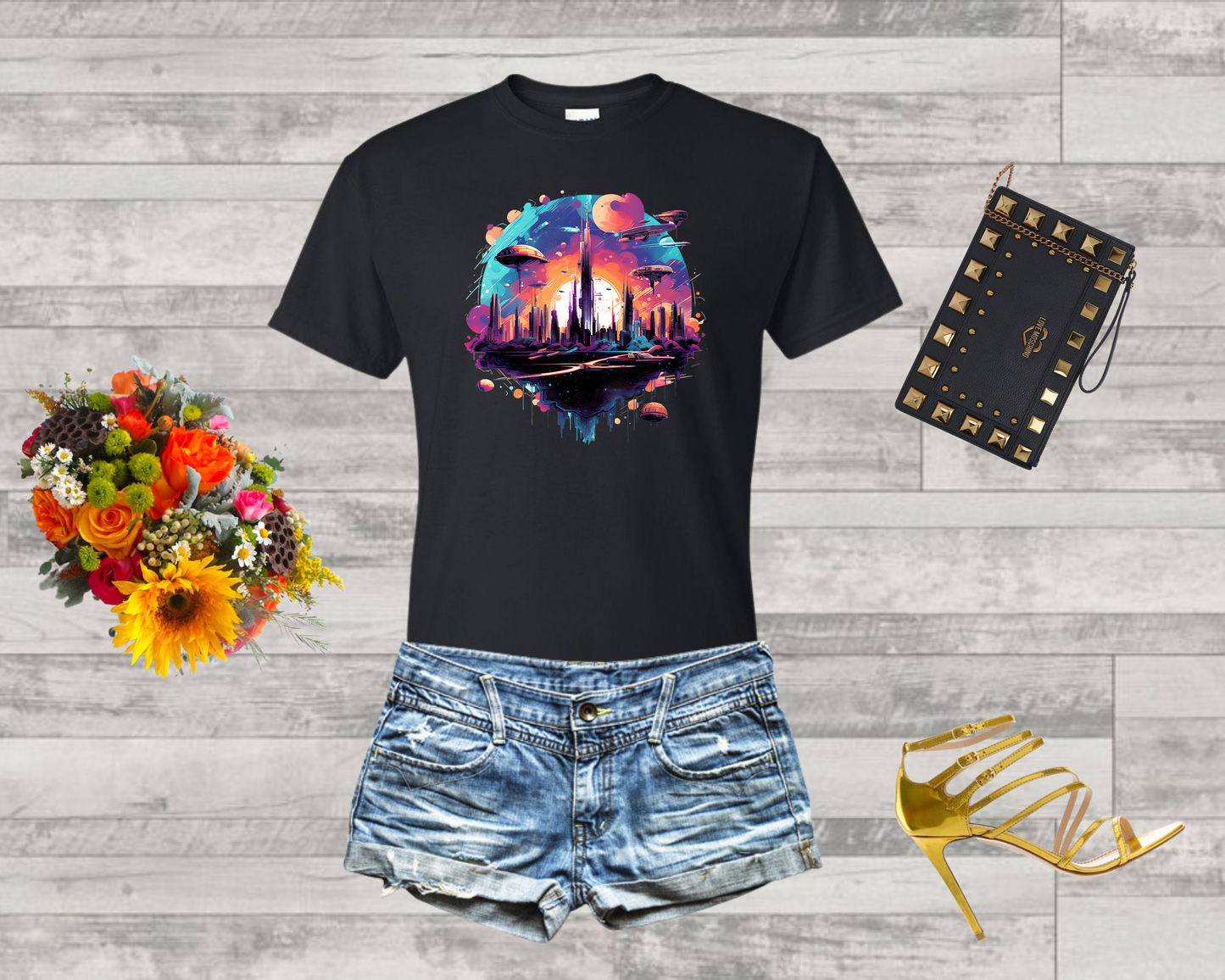 Galactic Cityscape T-Shirt - Vibrant Futuristic Metropolis, Outer Space Exploration, Sci-Fi Tee