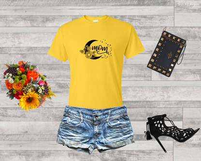Crescent Moon Mom T-Shirt with Floral Design | Stars | Unique Gift for Mothers | Moon and Flowers | Mom Shirt