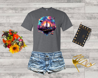 Galactic Cityscape T-Shirt - Vibrant Futuristic Metropolis, Outer Space Exploration, Sci-Fi Tee