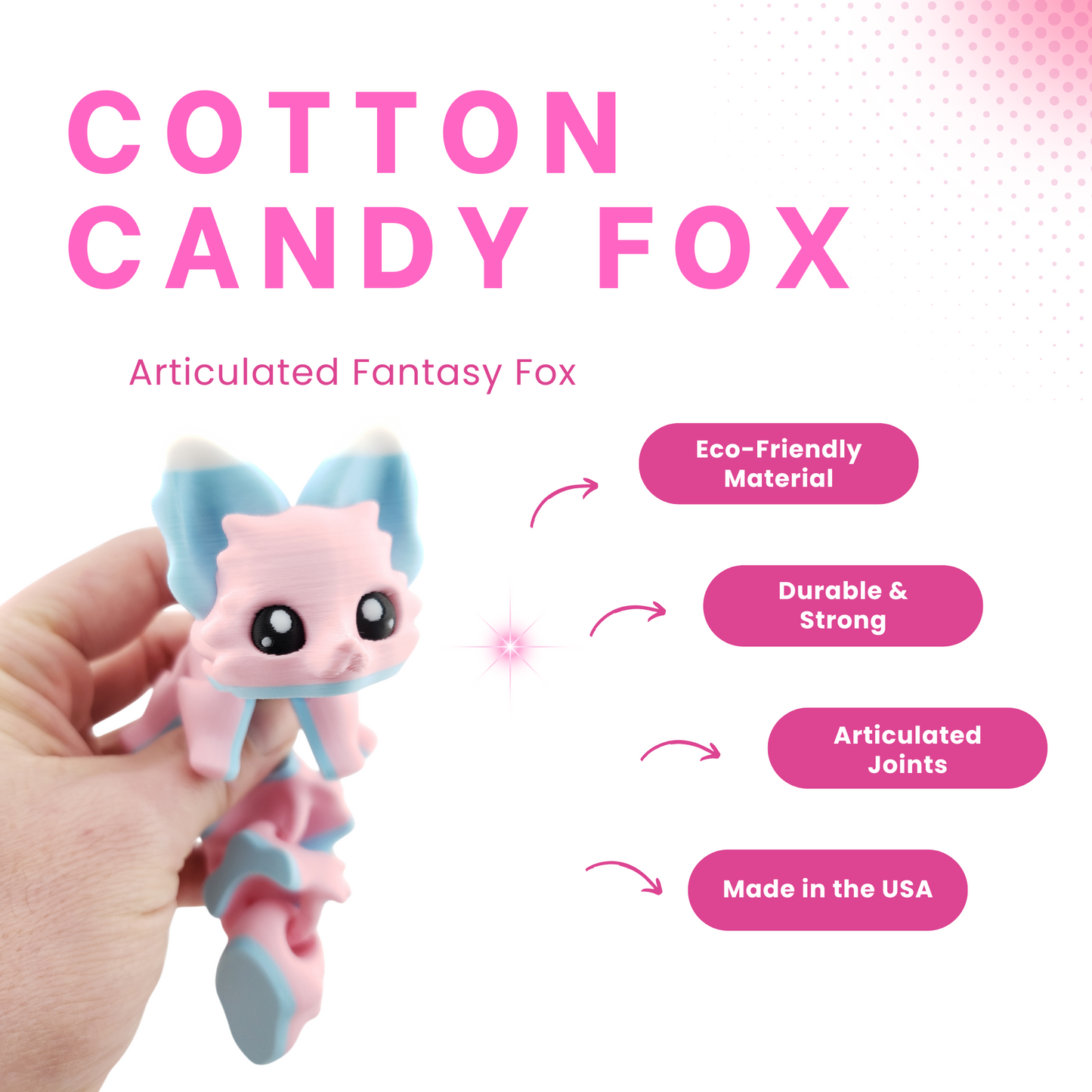 🦊 Carly the Cotton Candy Flexi Fox – 7.5" Articulated Fantasy Desk Decor | 3D-Printed Collectible | Official Layers in Green Design 🎨✨