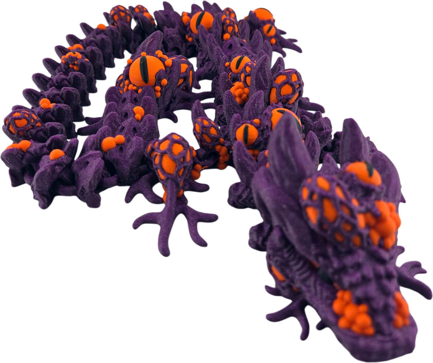 23-Inch Articulated Infested Dragon, 3D Printed Fantasy Creature, Horror-Inspired Desk Decor, Poseable Fidget Toy (Purple & Orange)