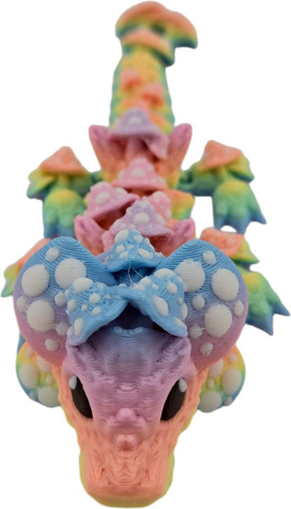 3D Printed Baby Mushroom Dragon, 6 Inch, Pastel Rainbow, Articulated Fantasy Creature, Desk Decor, Fidget Toy, Whimsical Collectible