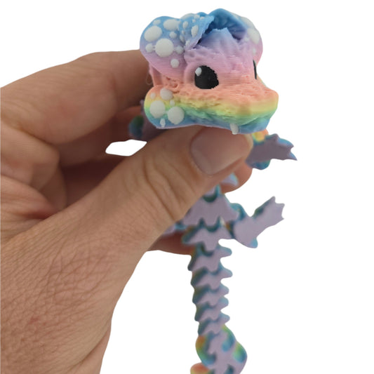 3D Printed 6 Inch Baby Mushroom Dragon, Pastel Rainbow, Articulated Fantasy Creature