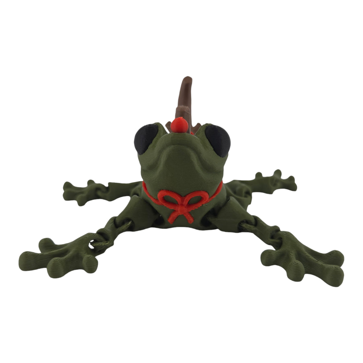 Reindeer Frog front view with red nose and strapped-on antler