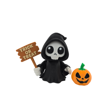 Halloween Articulated Grim Reaper Figurine Set, 3 Inch, with Scythe, Pumpkins, RIP Tombstone and Sign