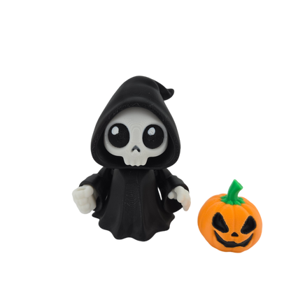 Halloween Articulated Grim Reaper Figurine Set, 3 Inch, with Scythe, Pumpkins, RIP Tombstone and Sign