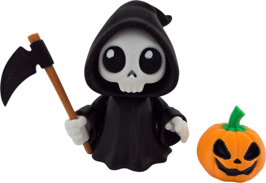 3D Printed Grim Reaper with Trick or Treat Sign, Scythe, and Jack-o’-Lantern - Halloween-Themed Desk Decor, Collectible Figure