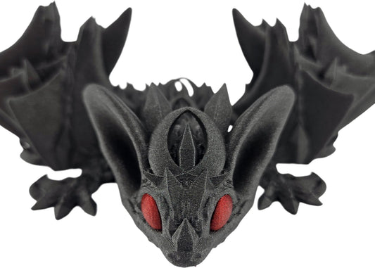 12-Inch Articulated Bat Dragon - 3D Printed Fantasy Creature with Galaxy Black Body and Red Eyes - Desk Decor or Collectible Bat