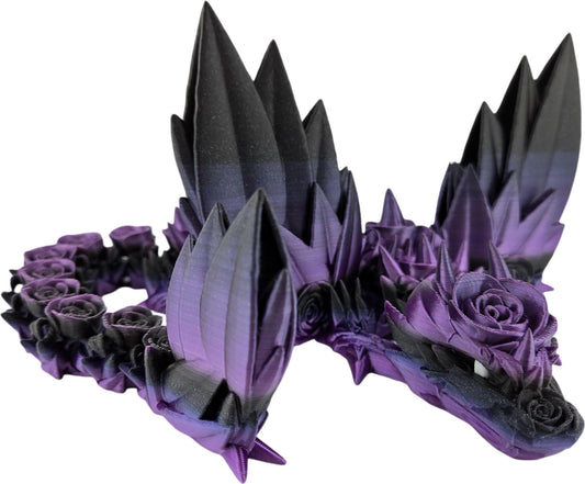 Large 19-inch 3D Printed Articulated Rosewing Dragon | 8-12 Inch Expandable Wingspan | Large Fantasy Collectible Figurine (Black to Purple)