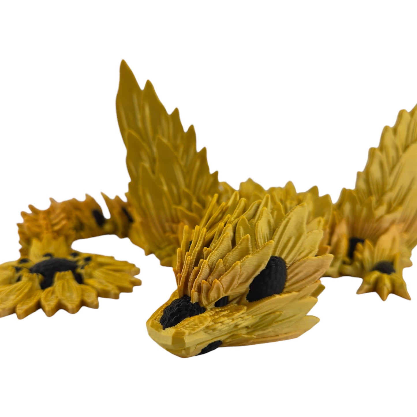 19-inch 3D Printed Articulated Winged Sunflower Dragon | Gold Gradient Silk PLA | Openable Wings 7-10 Inch Span | Unique Articulating Figurine