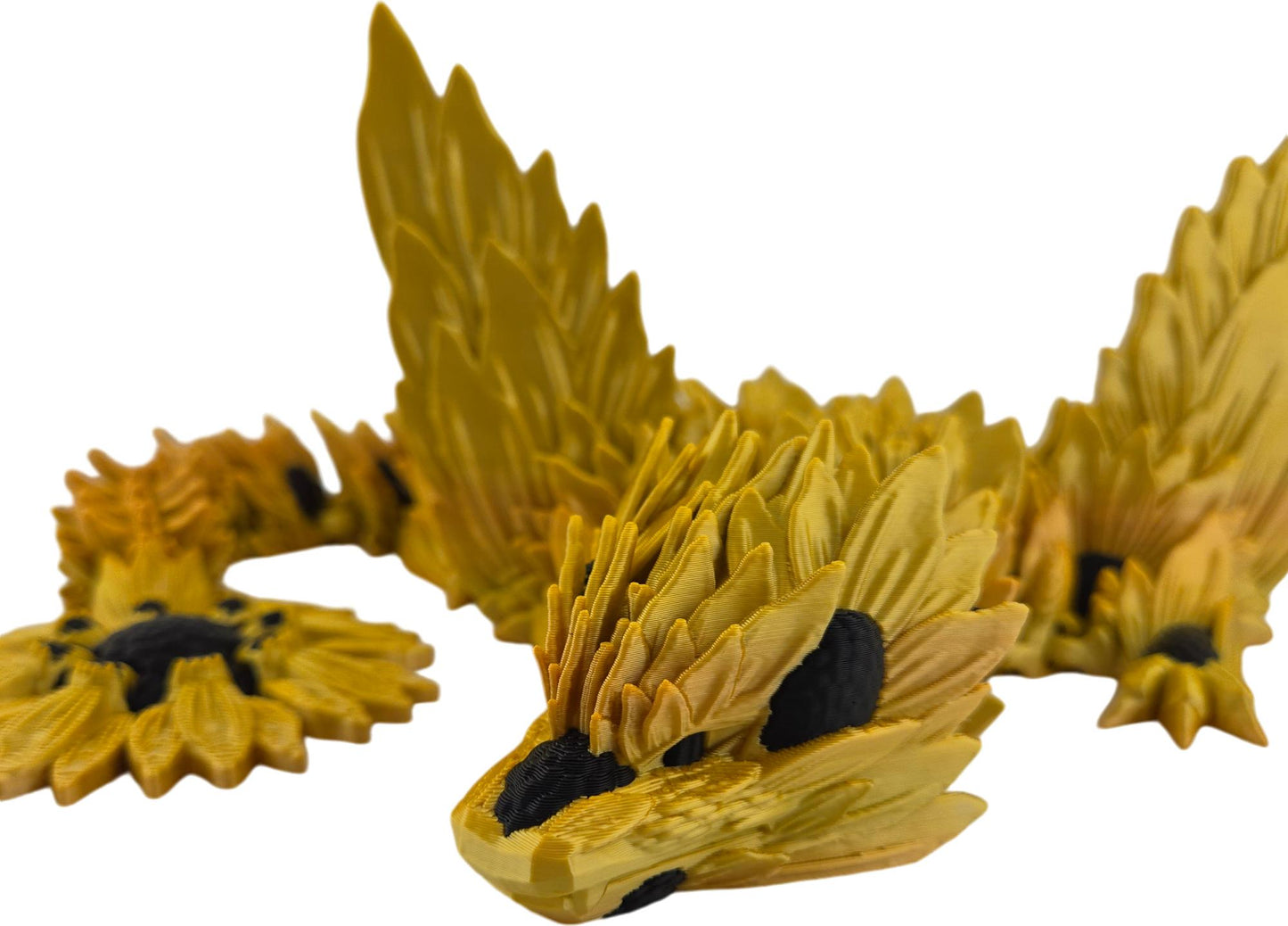 19-inch 3D Printed Articulated Winged Sunflower Dragon | Gold Gradient Silk PLA | Openable Wings 7-10 Inch Span | Unique Articulating Figurine