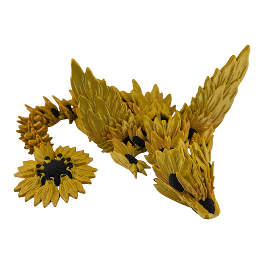 19-inch 3D Printed Articulated Winged Sunflower Dragon | Gold Gradient Silk PLA | Openable Wings 7-10 Inch Span | Unique Articulating Figurine