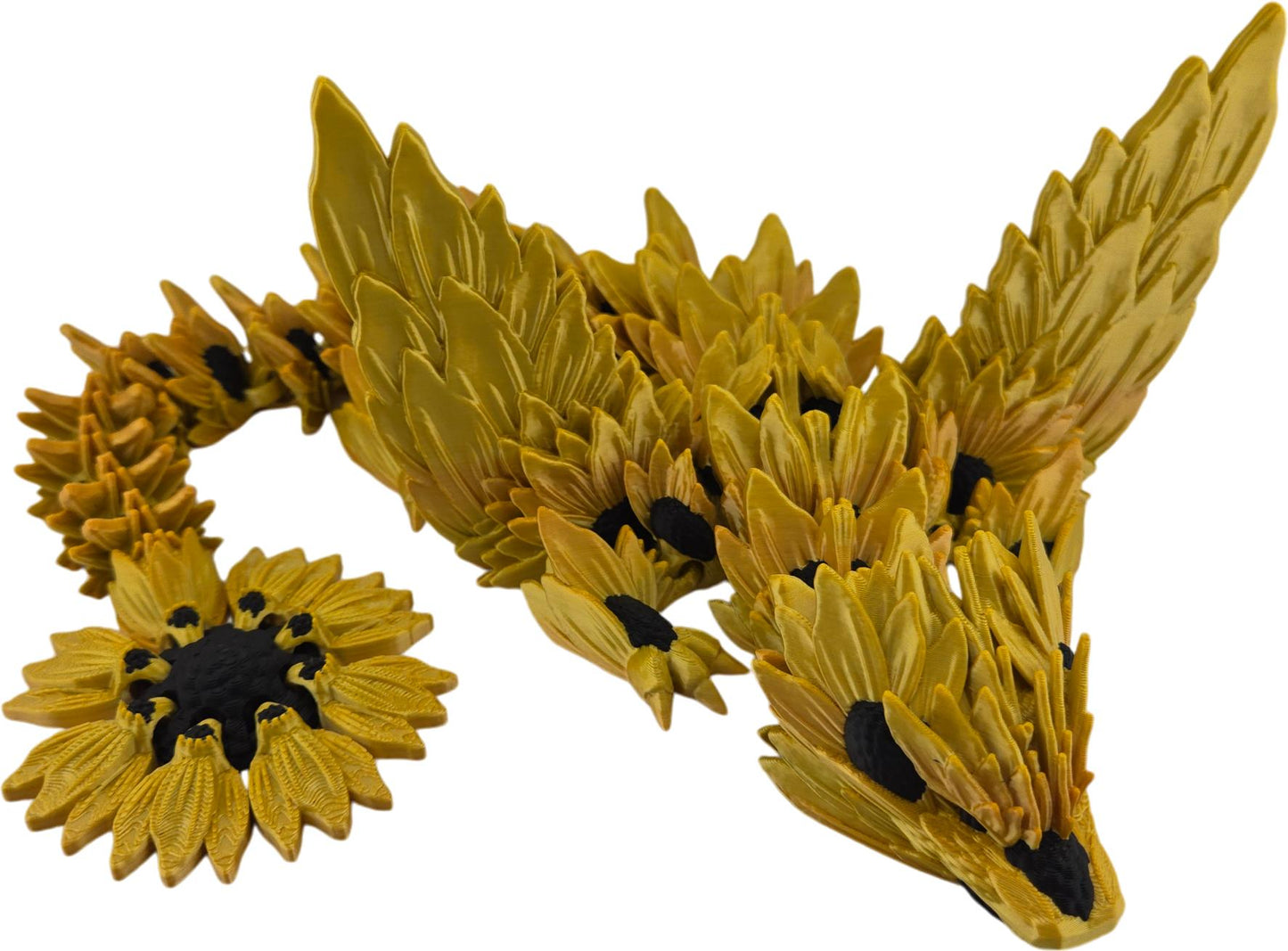 19-inch 3D Printed Articulated Winged Sunflower Dragon | Gold Gradient Silk PLA | Openable Wings 7-10 Inch Span | Unique Articulating Figurine