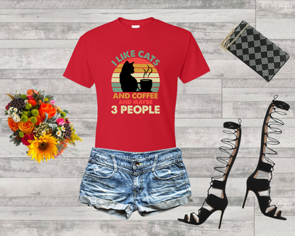 I Like Cats And Coffee And Maybe 3 People Shirt, Retro Vintage Cat Lover T-Shirt Womens, Cat Owner Shirt, Gift For Cat Lovers, Cat Mom Tee