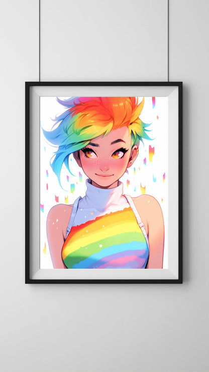 Lively Anime Girl with Rainbow Hair Art Print