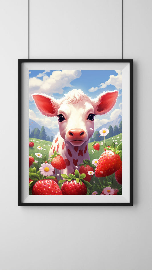 Strawberry Fields Forever - Charming Cow Amidst Berries Art Print