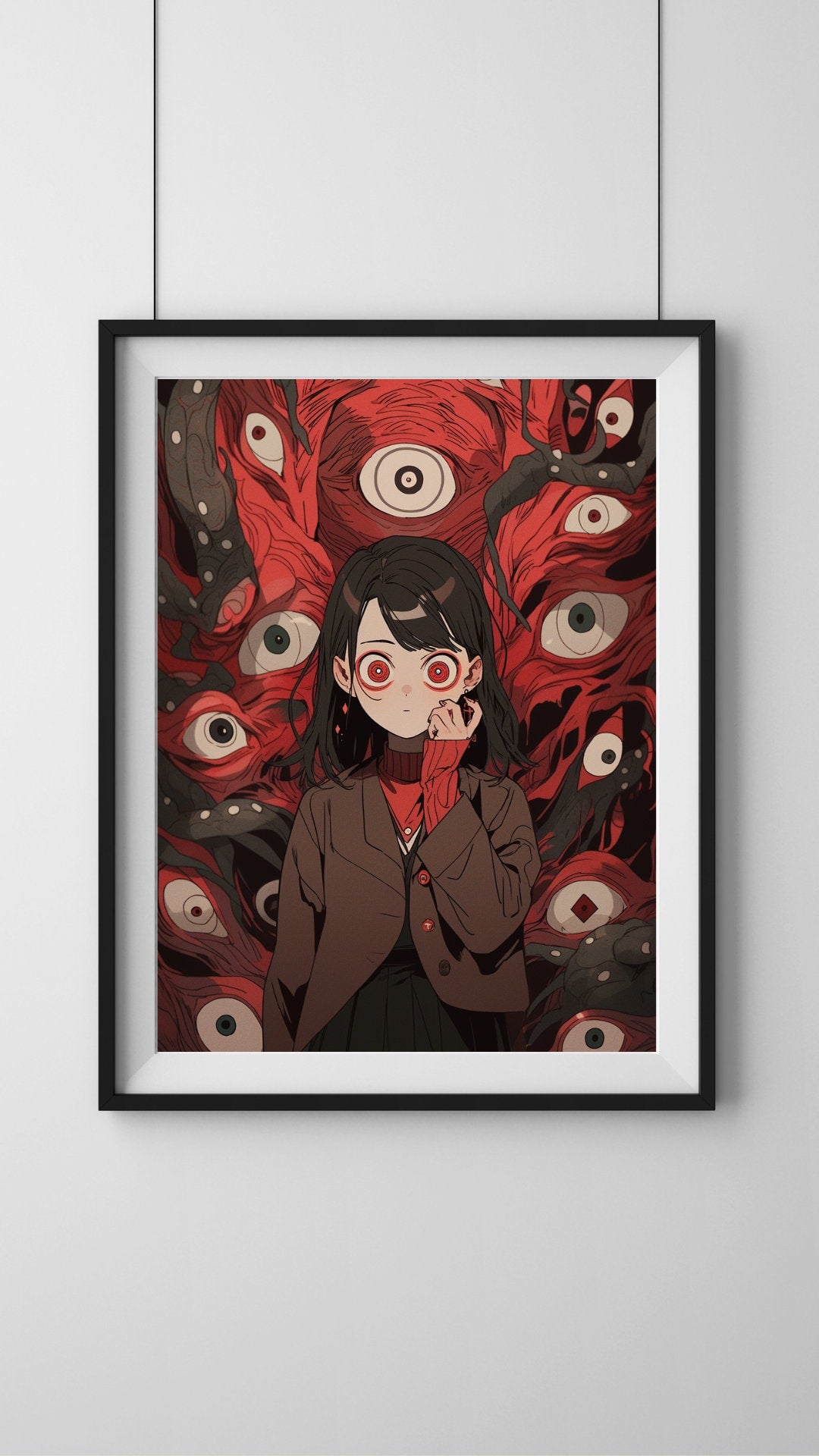 Gaze of the Abyss - Haunting Anime Girl and Watchful Eyes Art Print