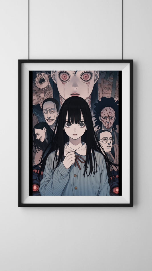 Eerie Lineage - Anime Girl with Macabre Family Portrait Art Print