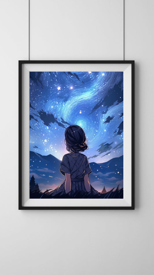 Celestial Contemplation - Woman on a Hill Under the Stars Art Print